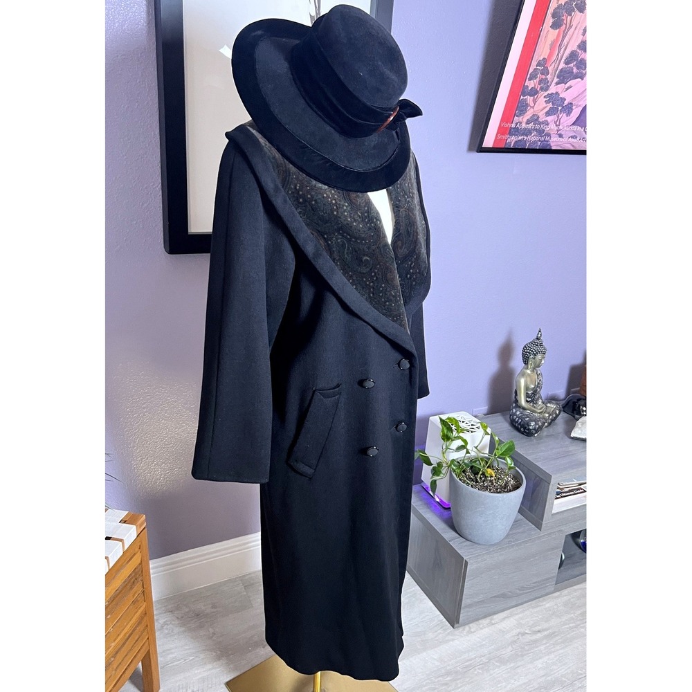 Vintage 80s Donnybrook 2X Black Wool Paisley Velvet Double Breasted Long Coat